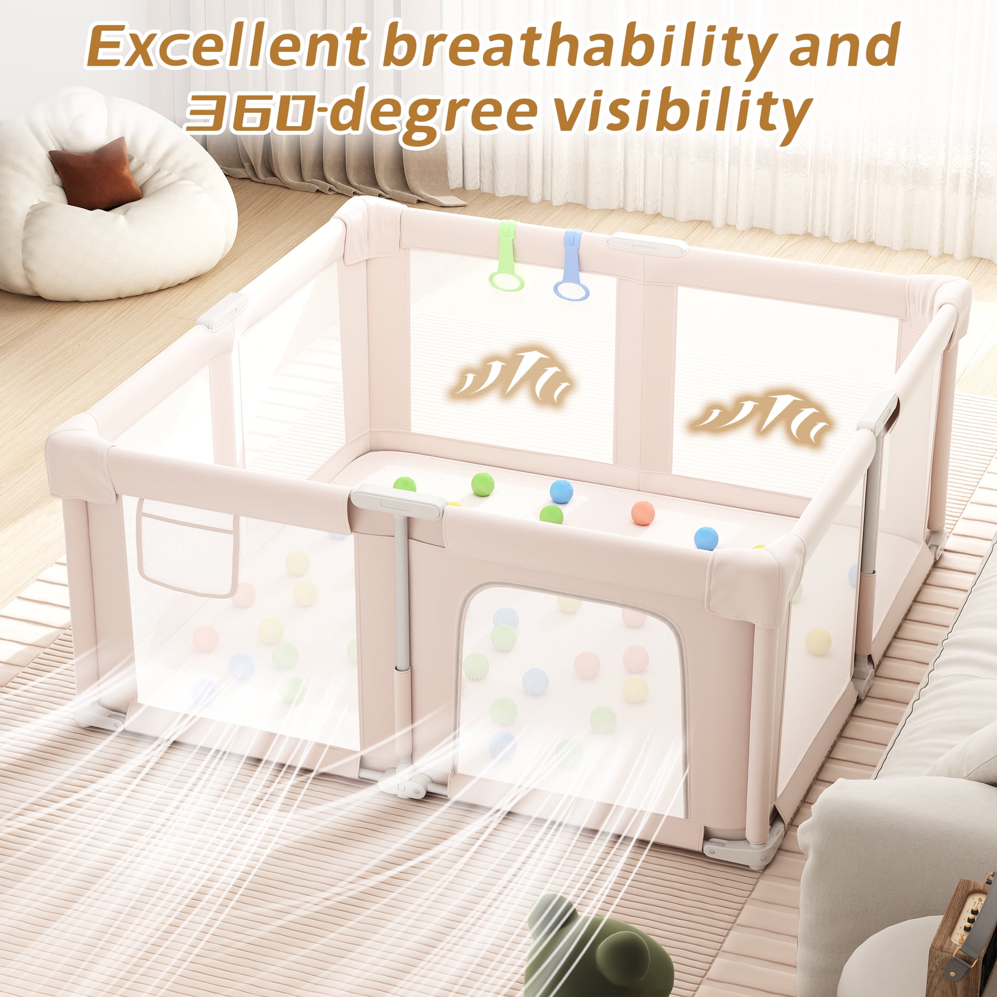 IDEALSOUL Square Baby Playpen, 51”W Baby Playards with Storage Bag, Foldable Child Play Yard with Breathable Mesh for Indoor&Outdoor, Pink