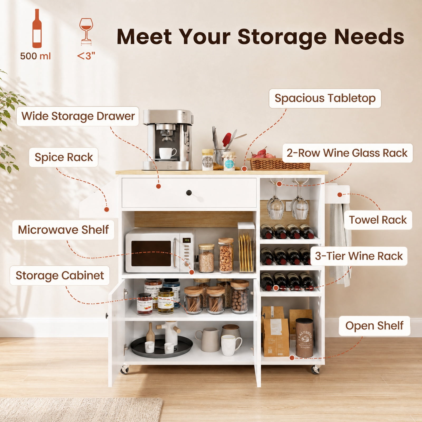Furnibear Drop Leaf Mobile Kitchen Island Cart with Power Outlet Adjustable Shelf Wine Rack and Storage Cabinet for Small Kitchens, White
