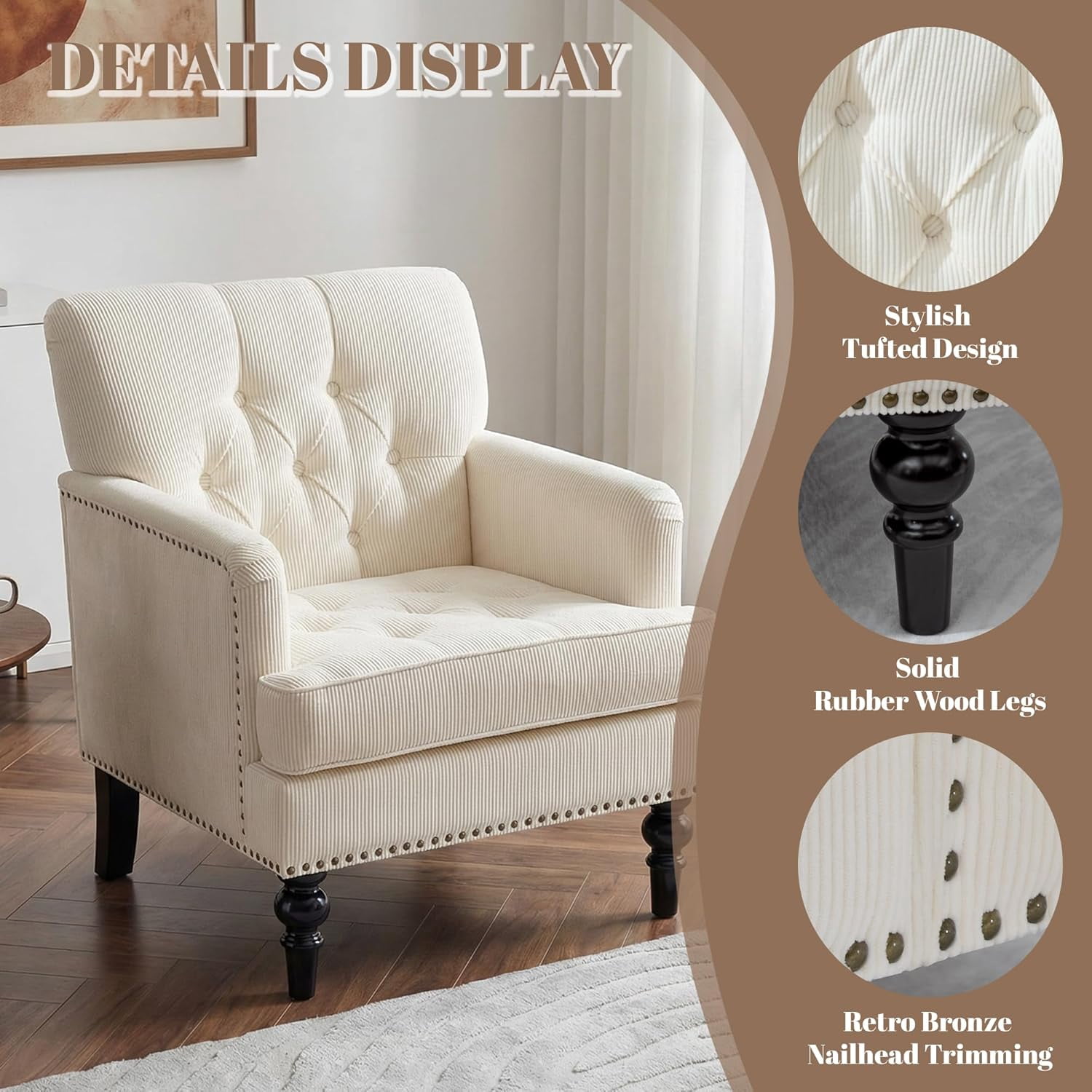 MOONMISS 26.4" Wide Accent Chair,tufted Club Chair With Linen Fabric,upholstered Button Armchair For Bedroom, Living Room,Beige