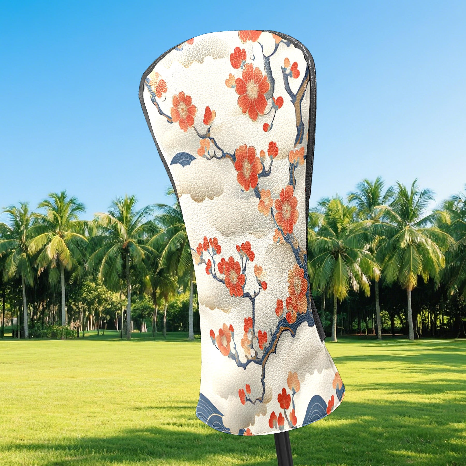 Golf Club Covers, White CherryBlossomWave Premium PU Leather Driver Hybrid Putter Head Covers with Velvet Lining, Waterproof Golf Gifts for Men Women