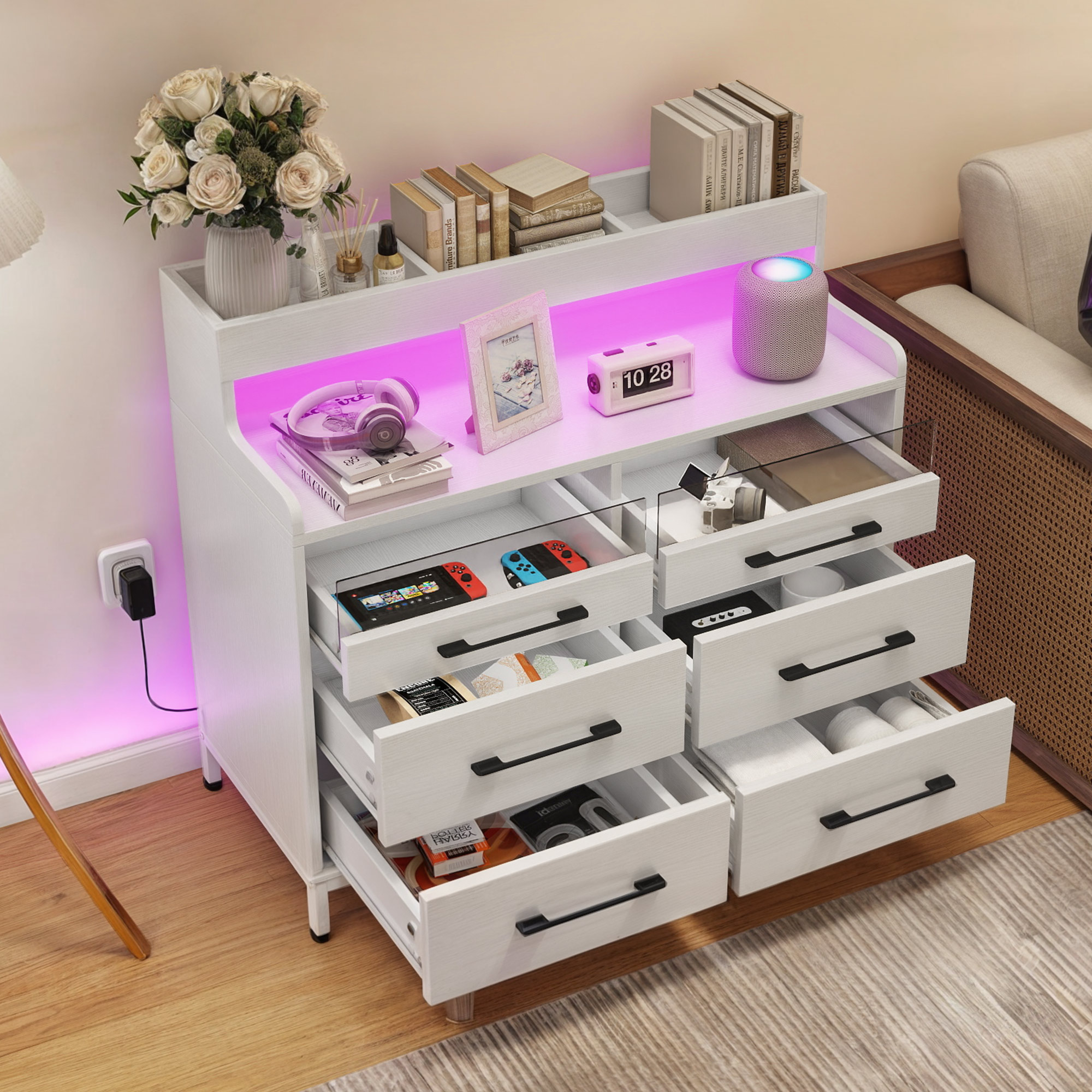 Dextrus 6-Drawer Dresser for Bedroom, Modern Chest of Drawers with LED Light, Open Storage, Organizer, Adult, White