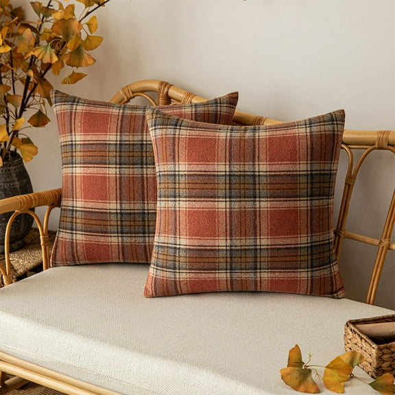 NWOKYZGH Pack of 2 Christmas Plaid Decorative Throw Pillow Covers Scottish Tartan Cushion Case for Farmhouse Home Holiday Decor Red and Brown, 20 x 20 Inches