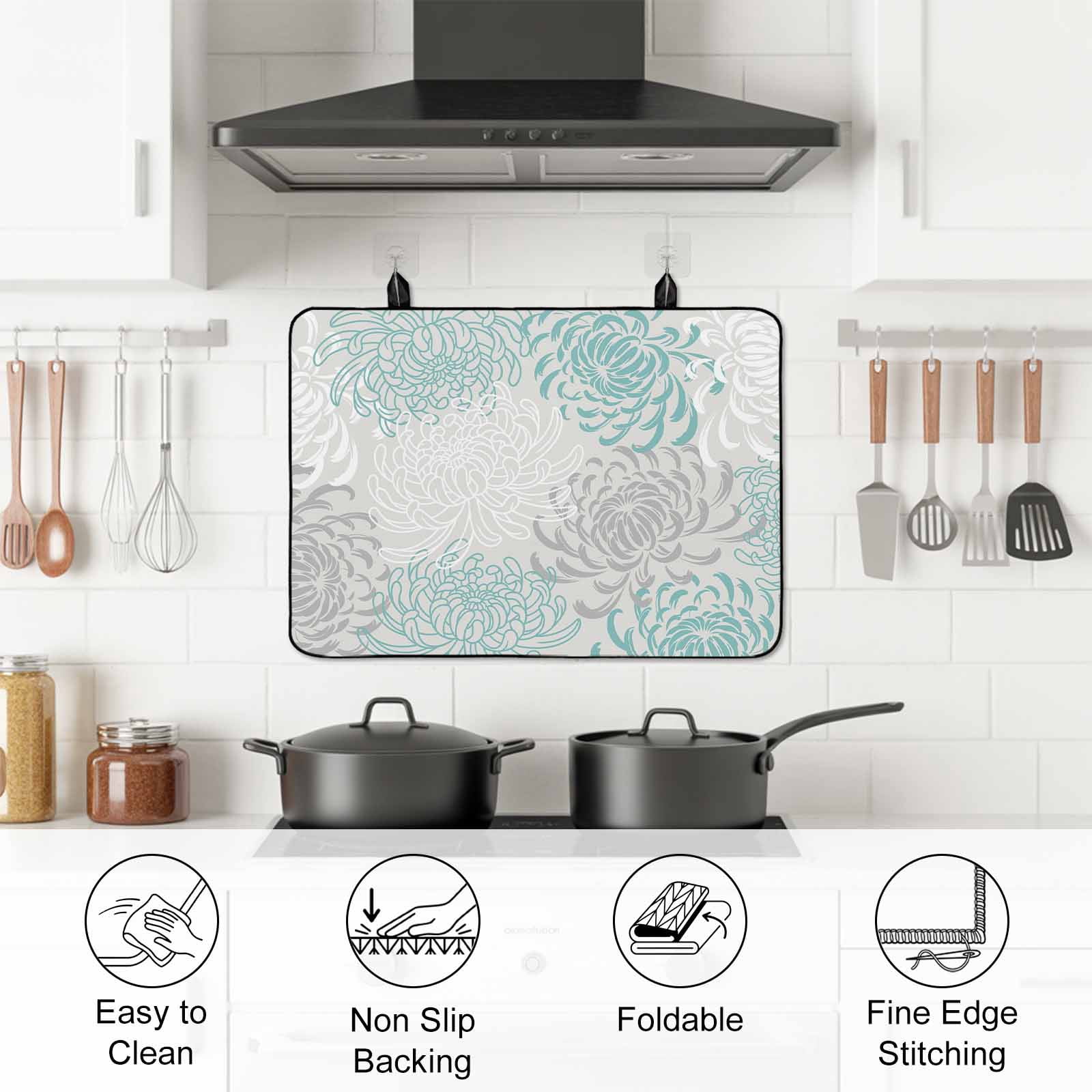Aqua White Stove Top Cover for Electric Stove, Heat-proof & Non Slip Glass Top Stove Cover Protector, Abstract Grey Chrysanthemum Flower Floral Kitchen Flat Cooktop Rubber Mat 31x24 Inches