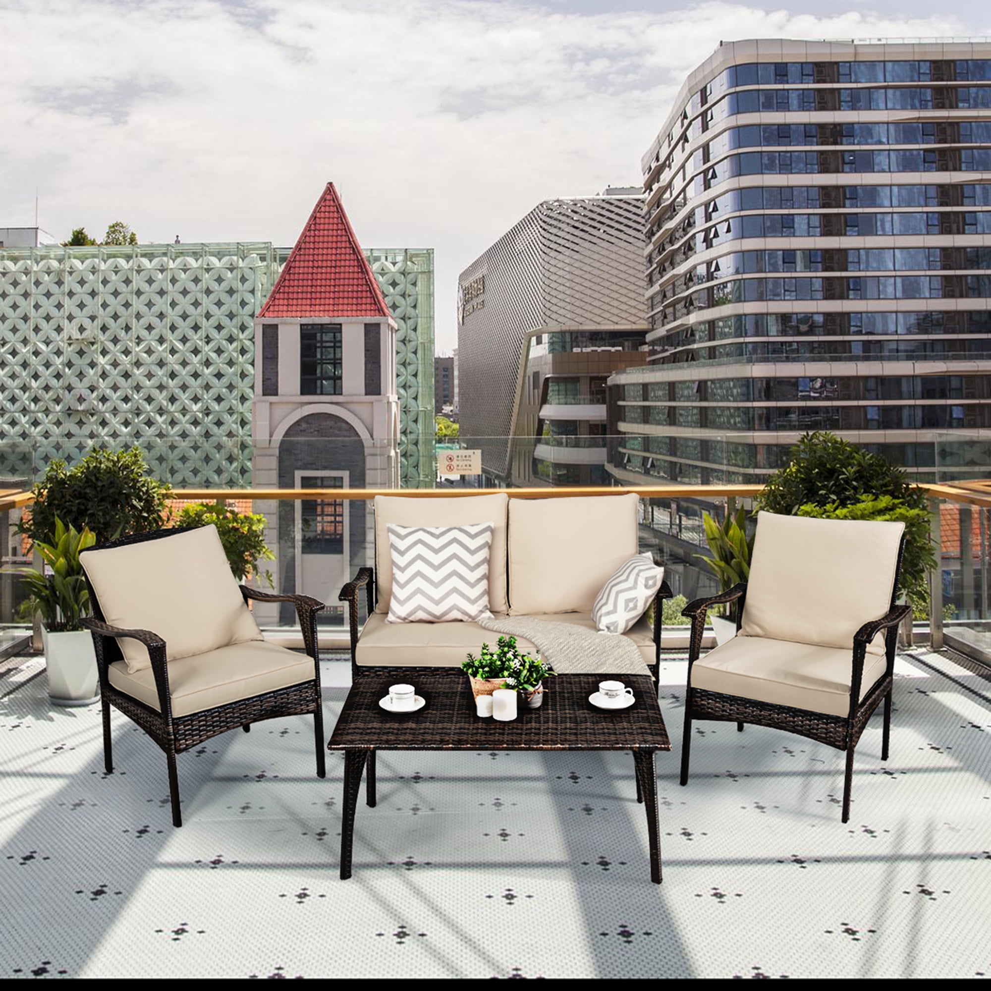 Gymax 4PCS Rattan Patio Sofa Conversation Set Outdoor Furniture Set w