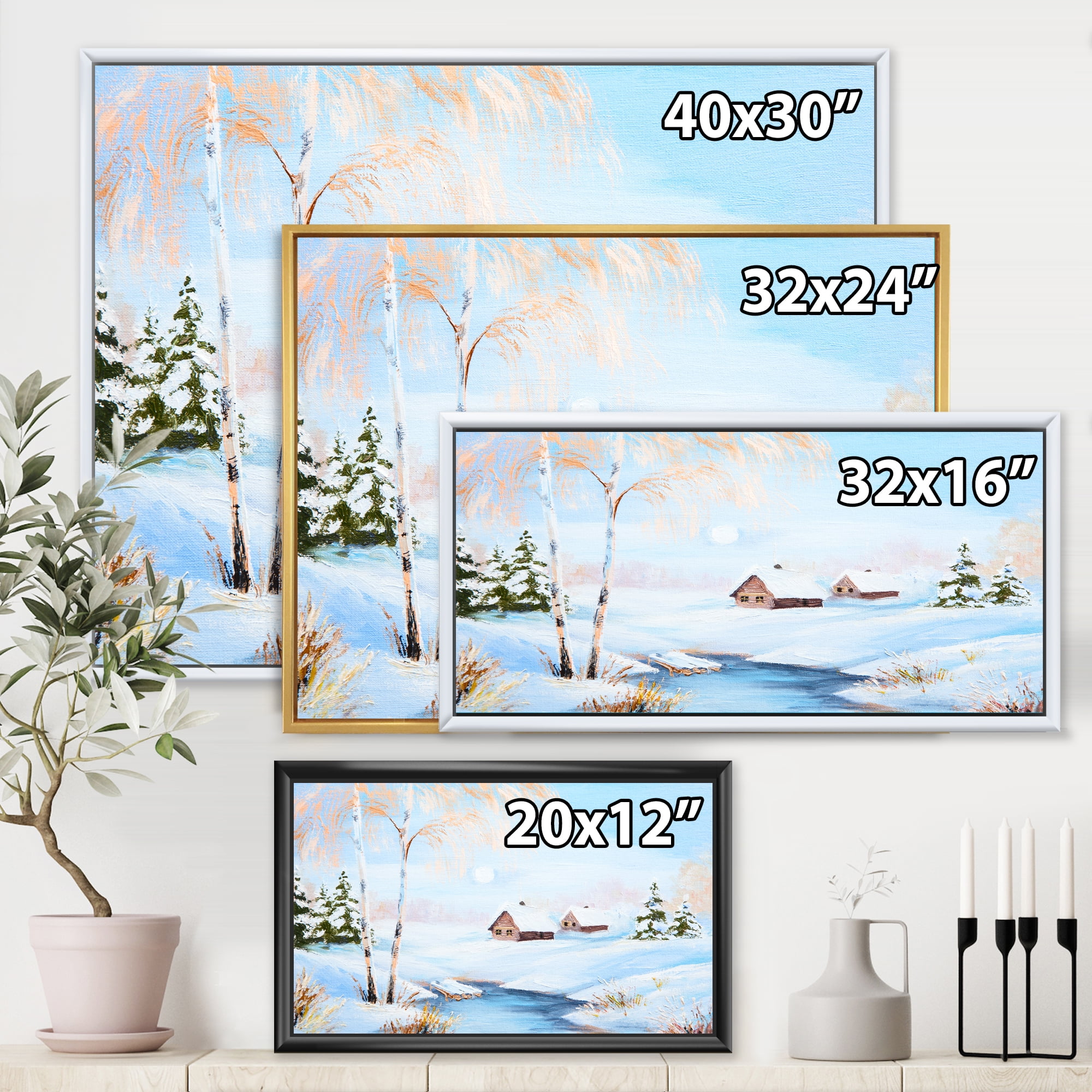 Frozen River In The Forest Winter Landscape 40 in x 30 in Framed Painting Canvas Art Print, by Designart