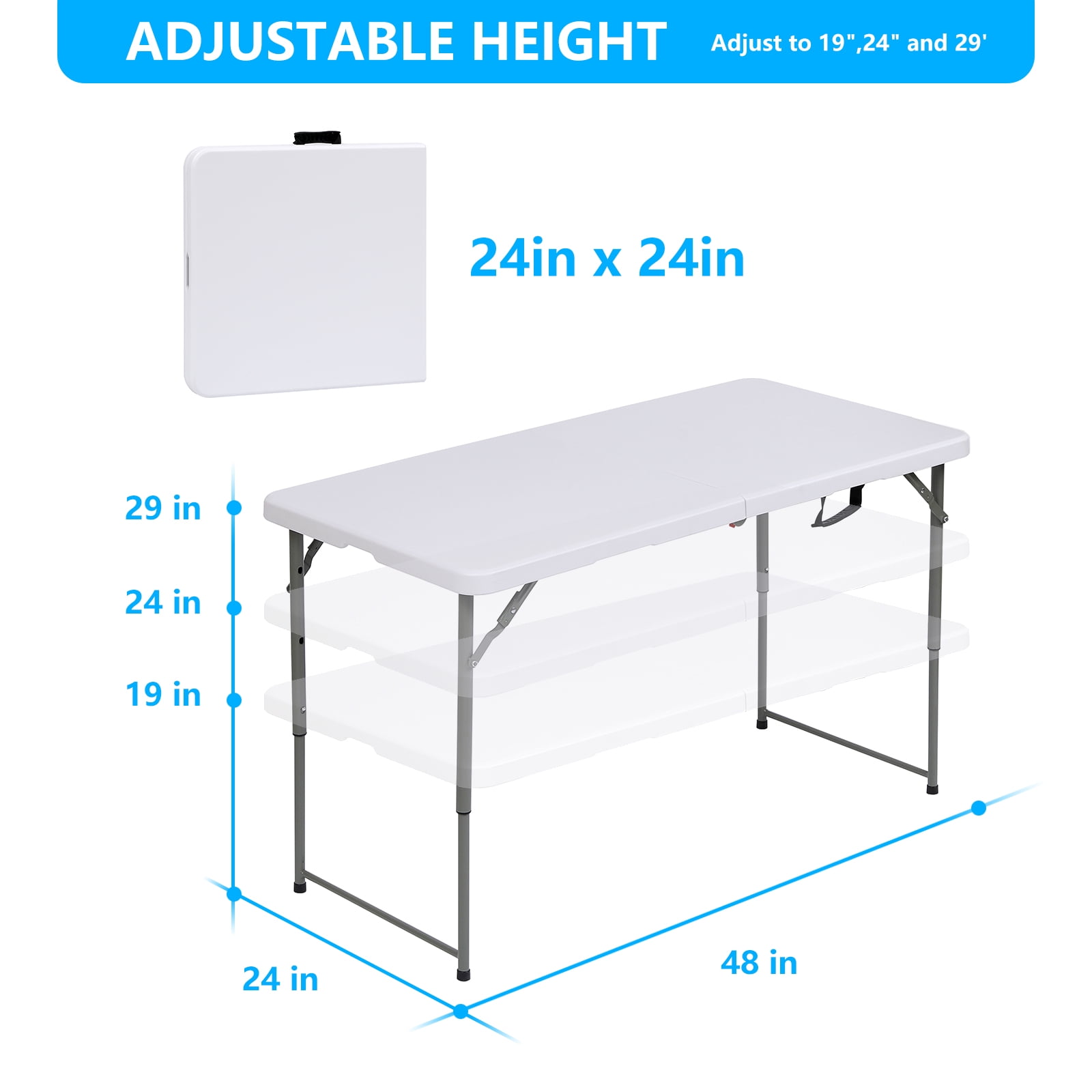 SUGIFT 4ft Folding Table, Adjustable Height Camping Table Office Table for Indoor/Outdoor Picnic Camping Bench,White