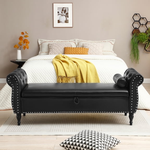 Knubmt Upholstered Storage Bench with Safety Hinge and Wood Legs, PU Leather Storage Ottoman for Home, Bedroom, Black