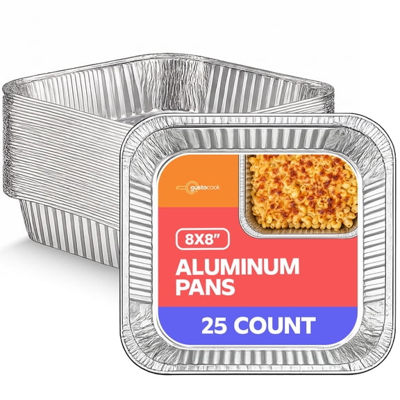GUSTO Disposable Aluminum Square Foil Pans for Baking, Cooking, Food Prep, No Lids, 8", 25-Pack