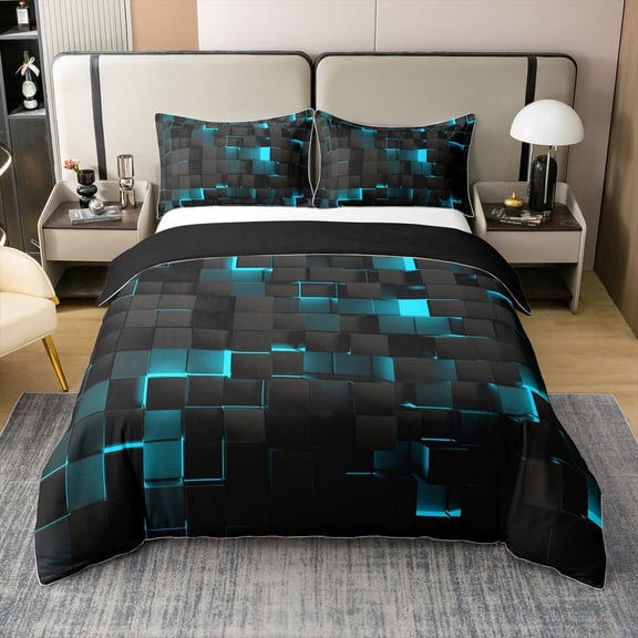 Erosebridal Teal Black Bedding Sets Twin,Neon Turquoise Geometric Check 100% Cotton Comforter Cover Stereoscopic Abstract Plaid Grids Duvet Cover Geometry Square Quilt Cover