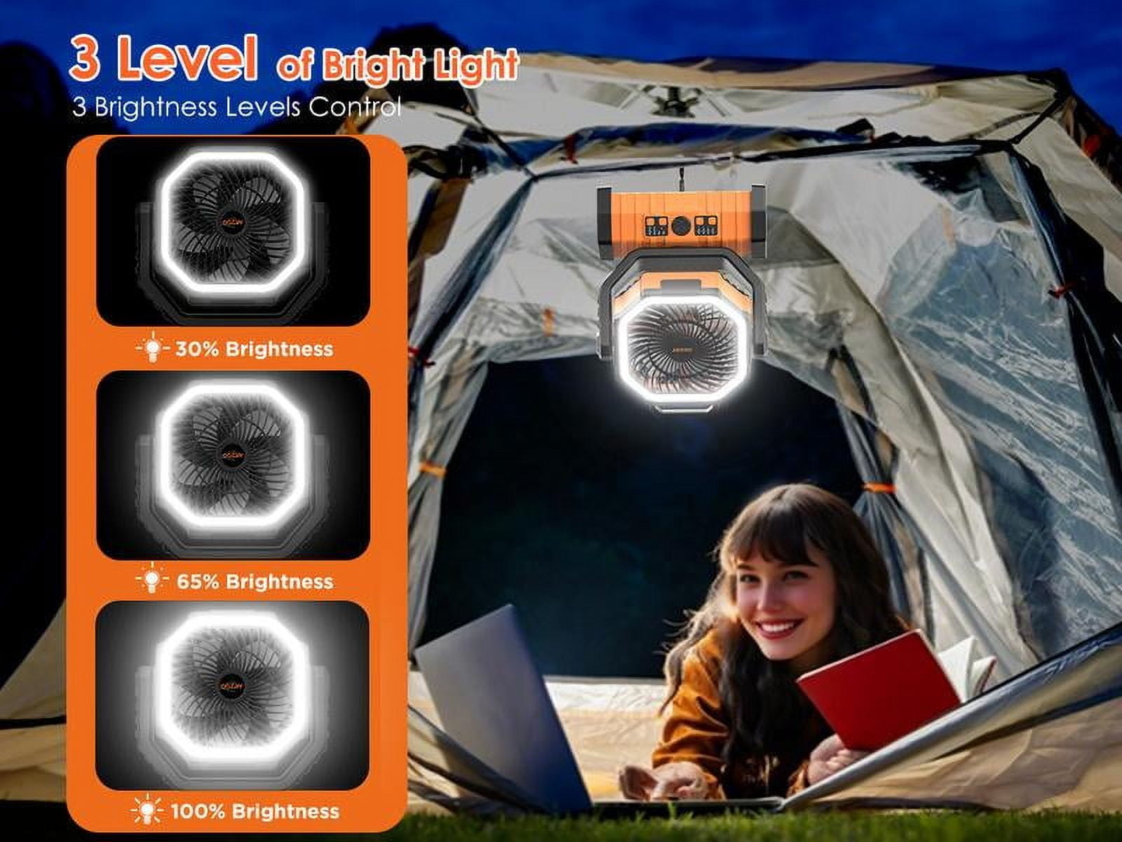 20000mAh Rechargeable Camping Fan with LED Light, Portable Multi-functional Fan with 360° Rotating Hook, Oscillating Emergency Camping Fan