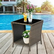 Kinbor Patio Wicker Rattan Side Table Outdoor Square Tempered Glass Top with Storage, Brown