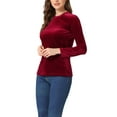 thumbnail image 4 of INSPIRE CHIC Women's Casual Round Neck Long Sleeves Stretchy Velvet Blouse S Wine, 4 of 6