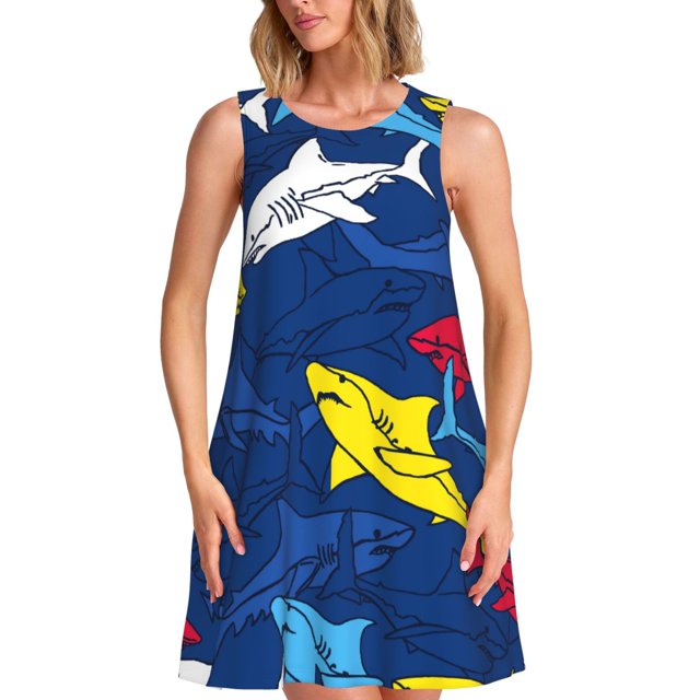 Fotbe Cartoon Shark Vestido de Verano sin Mangas para Mujer – Vestido Midi Línea A, Estilo Camiseta Floral, Vestido Playero Casual y Fluido