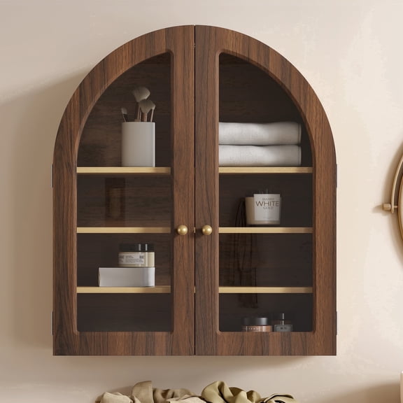 EYYTHUNG Modern Arched Wall Cabinet, Farmhouse Bathroom Storage Cabinet Large Medicine Cupboard with Adjustable Shelf, Brown Oak
