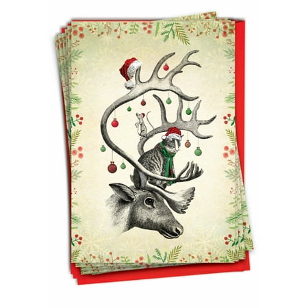 NobleWorks 12 Christmas Greeting Cards Box Set with 5 x 7 Inch Envelopes (1 Design, 12 Each) Vintage Farm Animals - Antlers C10184HXSG-B12x1