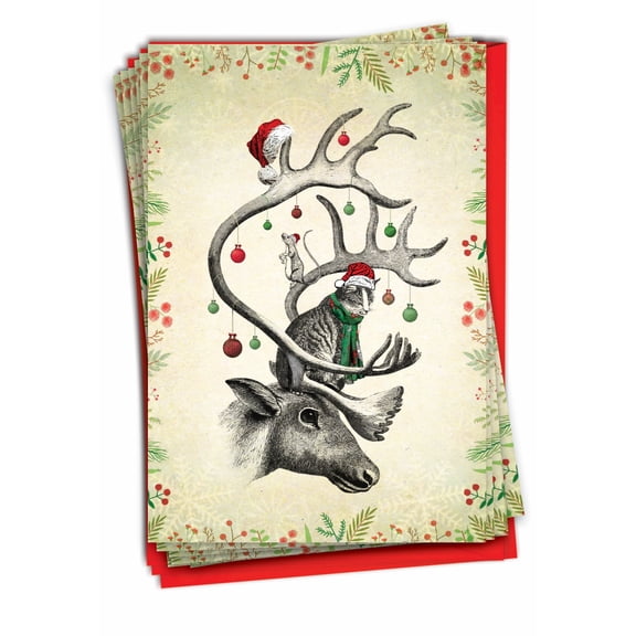 NobleWorks 12 Christmas Greeting Cards Box Set with 5 x 7 Inch Envelopes (1 Design, 12 Each) Vintage Farm Animals - Antlers C10184HXSG-B12x1