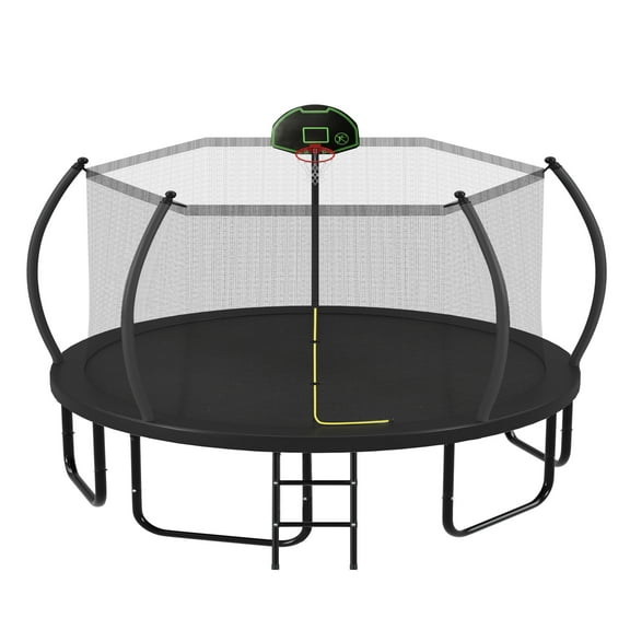 Alvantor Pumpkin Trampoline with Basketball Hoop, Recreational Trampoline for Kids with Enclosure Net and Ladder in Black