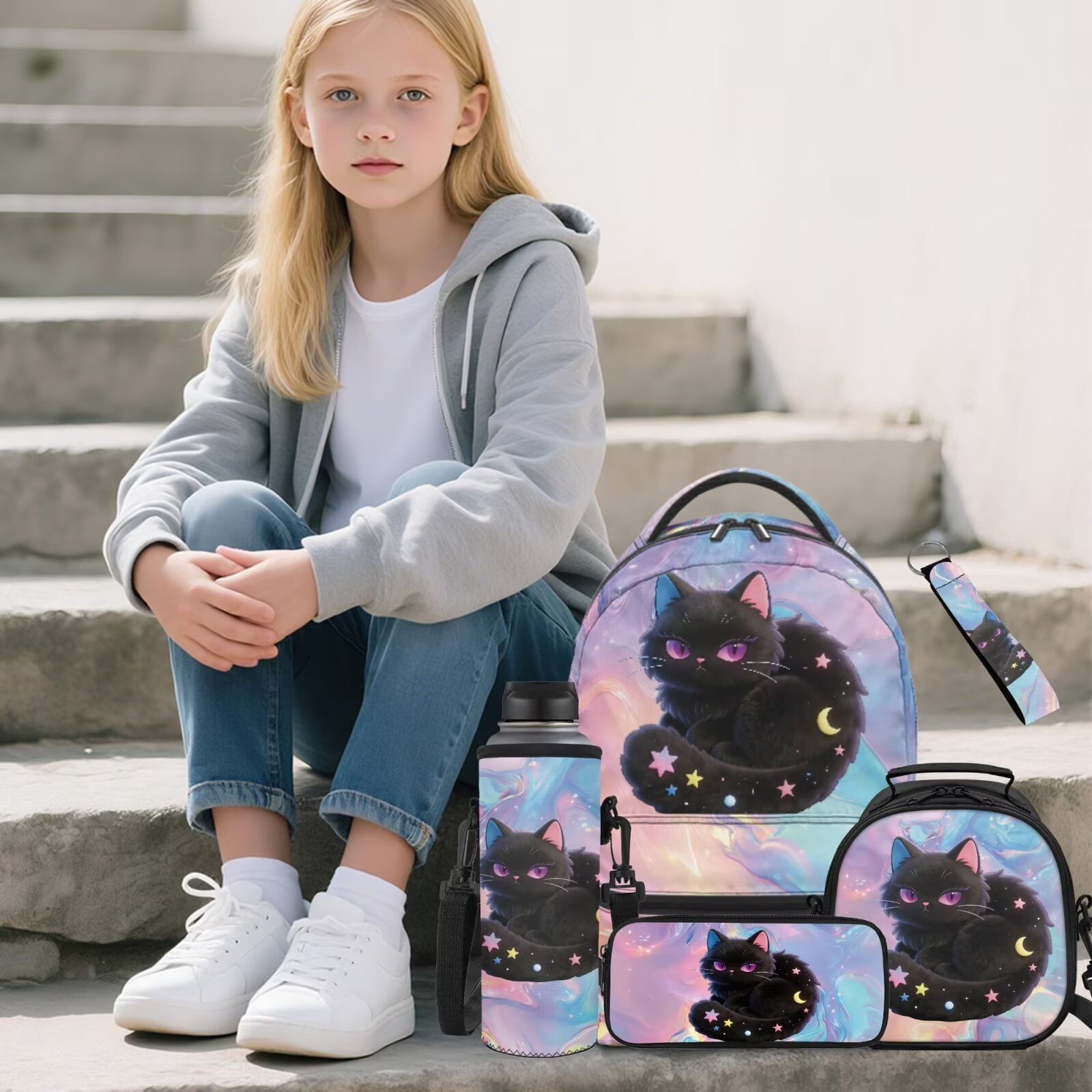 Pzuqiu Black Cat Back Pack for School Girls Backpacks for Teens Girls Backpack with Lunch Bag Pencil Case Water Bottle Holder Bag Large Shoulder Strap Rucksack