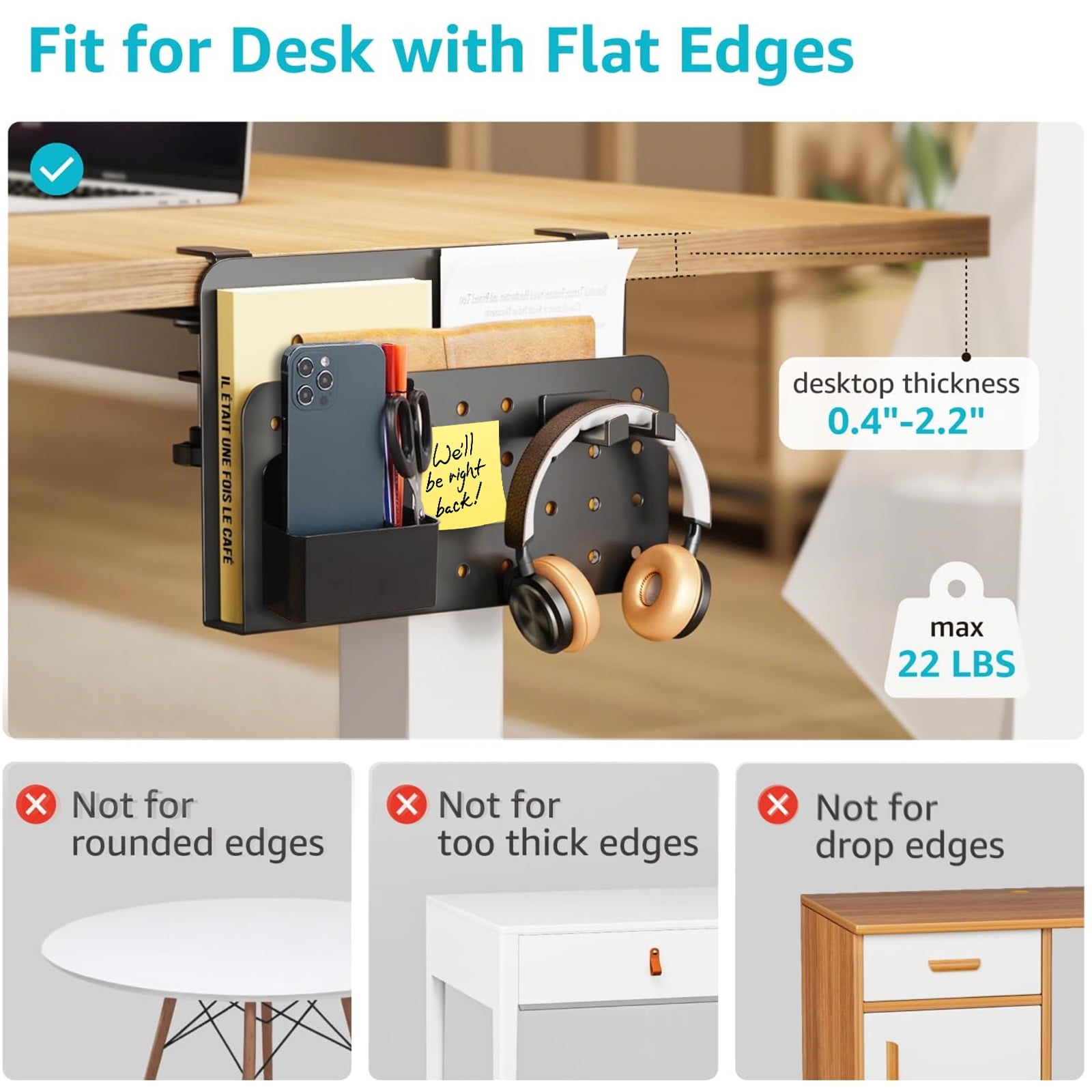 Desk Side Storage Organizer, No Drill Under Desk Laptop Holder, Clamp on Desks Shelf with Pegboard Accessories, Hanging Laptop Mount, Fits Flat Edge 0.4" to 2.2", Black