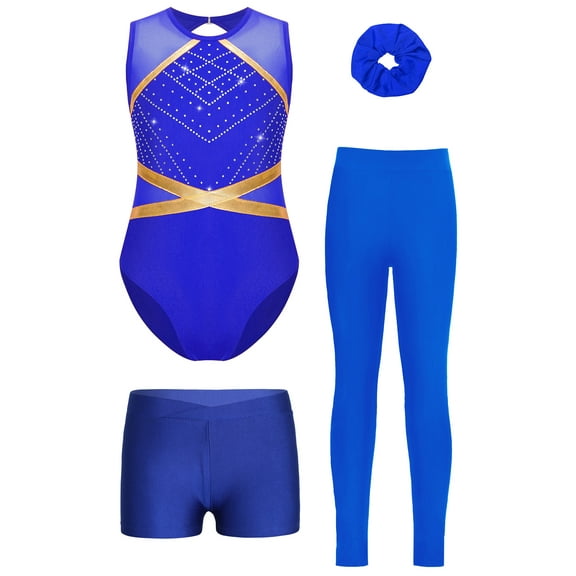 Miutii Kids Girls Gymnastics Leotard Sleeveless Sparkly Unitard Dance Biketard with Shorts Skating Leggings Hairband Set Blue 8