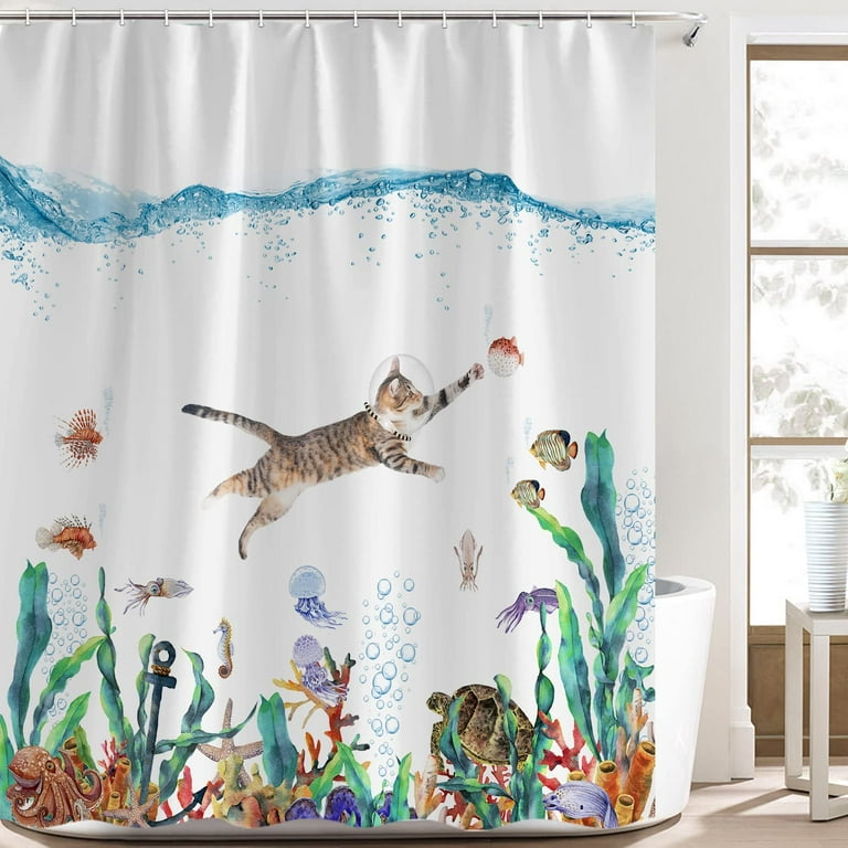 Joocar Funny Cat Fabric Shower Curtain for Bathroom, Ocean Animal Octopus Starfish Turtle Nautical Anchor Fish Shower Curtain Cute Fun Shower Curtain