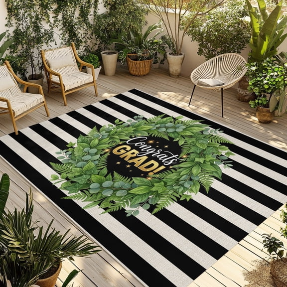 Graduate Season Outdoor Area Rug 5x8ft Decorative Indoor Outdoor Rug Congrats Grad Wreath Black Stripes Patio Area Rug for Porch, Deck, Balcony, Entryway, Camping & RV