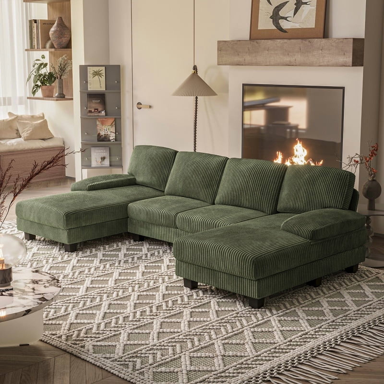 Furmax U Shaped Sectional Sofa Couch with Double Chaise for Apartments,Corduroy Green
