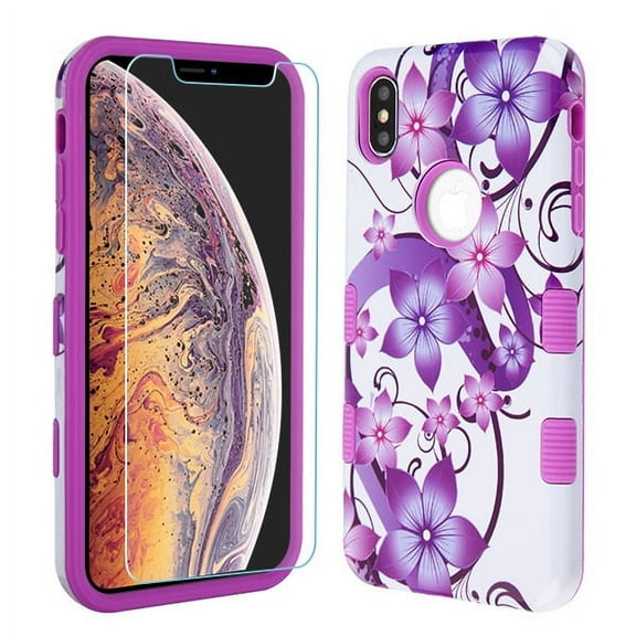 Apple iPhone XS Max (6.5") Phone Case & Screen Protector [2 in 1 Bundle] Tempered Glass   Purple Hibiscus Floral Hybrid Shockproof Bumper Rugged Slim Fit Protective Cover for Apple iPhone XS Max