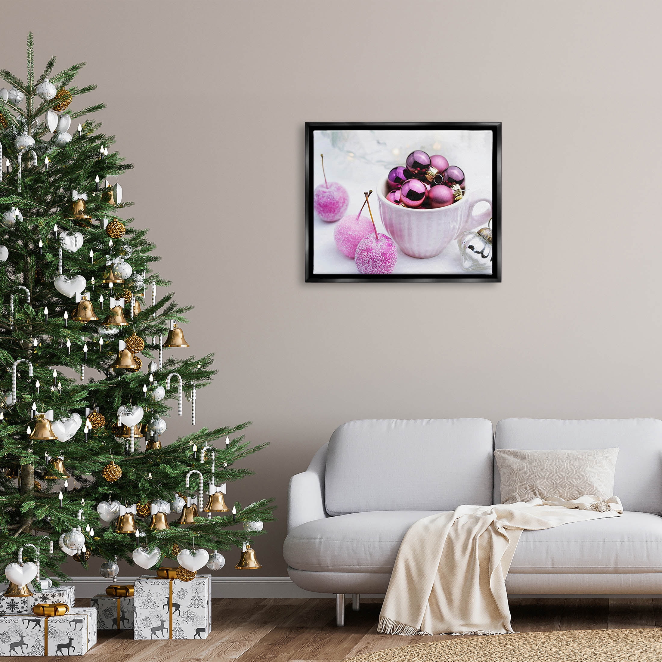 Glimmering Pink Christmas Ornaments Holiday Photograph Jet Black Framed Art Print Wall Art
