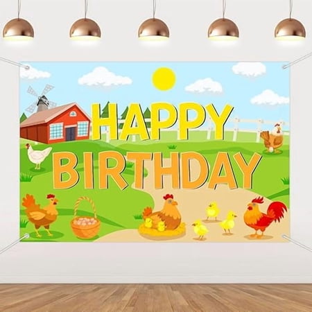 3 x 5 Ft Chicken Happy Birthday Backdrop, Cute Chick Photography Background Decor, Barnyard Farm Animal Photo Booth Background Banner for Birthday Party Decoration Supplies