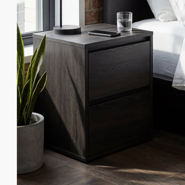 Buró de Noche Minimalista Ébano Textura Madera con Cajones Ocultos - LEMICH