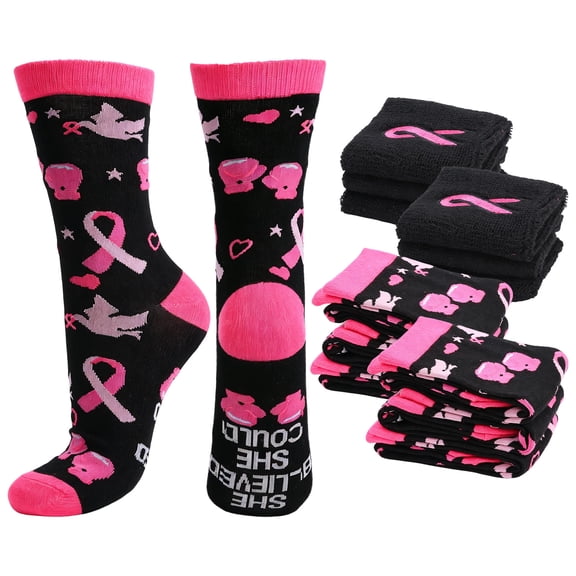 Beth 6 Pack Breast Cancer Awareness Socks, Pink Ribbon Athletic Crew Socks with Inspirational Design for Women Girls, Sports Events, Charity Activities and Daily Wear