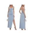 thumbnail image 2 of FAROOT Femmes Robe Longue Slip Slim Fit Plissé Cou Mouche Manche Côté Fente Cravate Croisée Robe Appropriée pour Date Party Club, 2 of 7