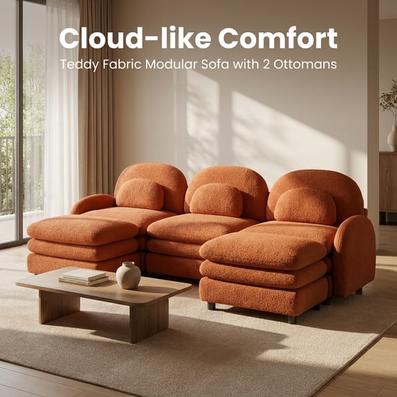 Teddy Fleece 3-Seat Modular Sectional Sofa with 2 Movable Ottomans, Curved Backrest, Double-Layer Cushions and Lumbar Pillows, Orange