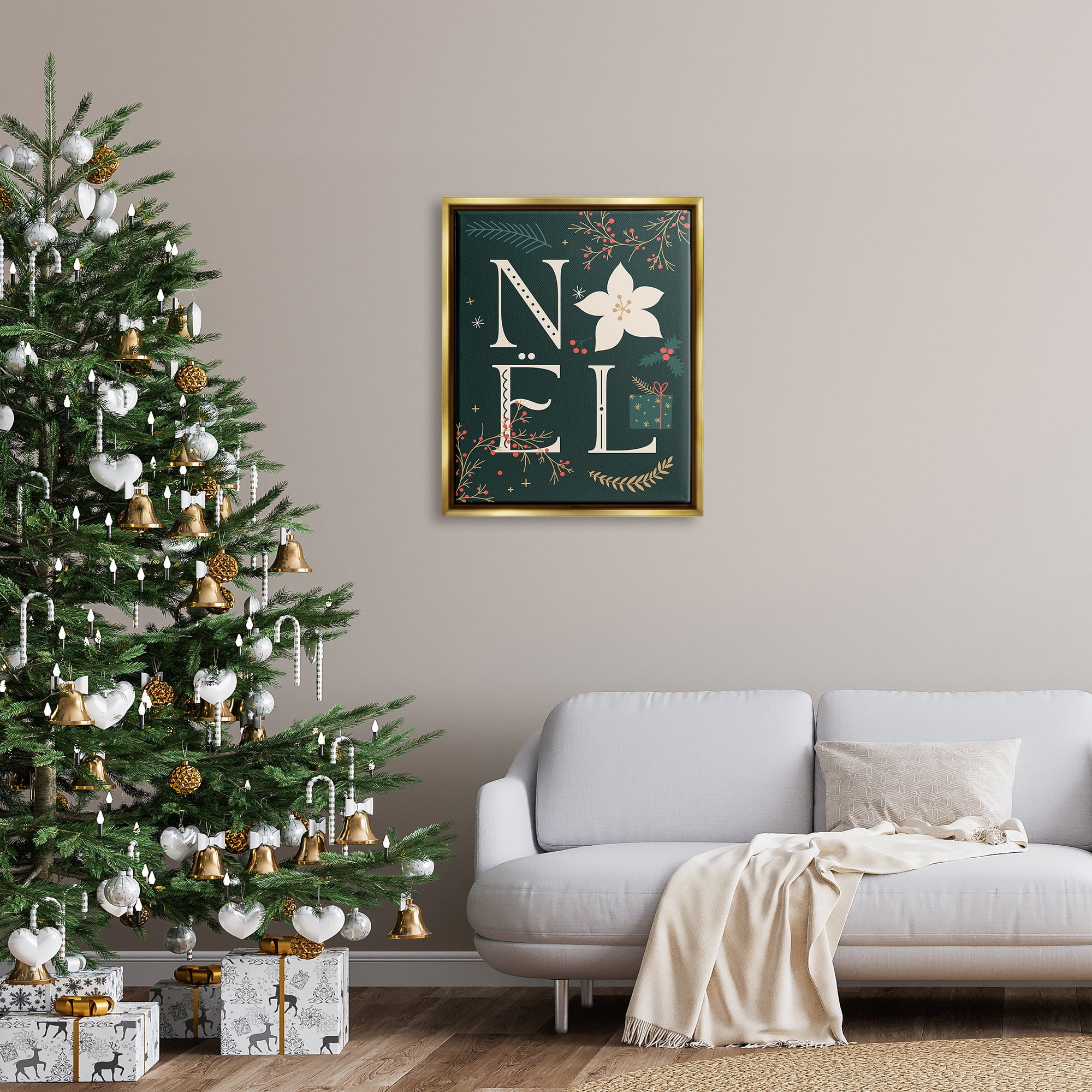 Stupell Industries Noel with Christmas Bloom Holiday Painting Gold Floater Framed Canvas Art Print Wall Art, 25 x 31
