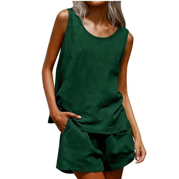 Set de Mesa Redonda Blusa sin Mangas de las Mujeres con Pantalones de Bolsillo Sueltos Dos Piezas Vestido de Verano Casual