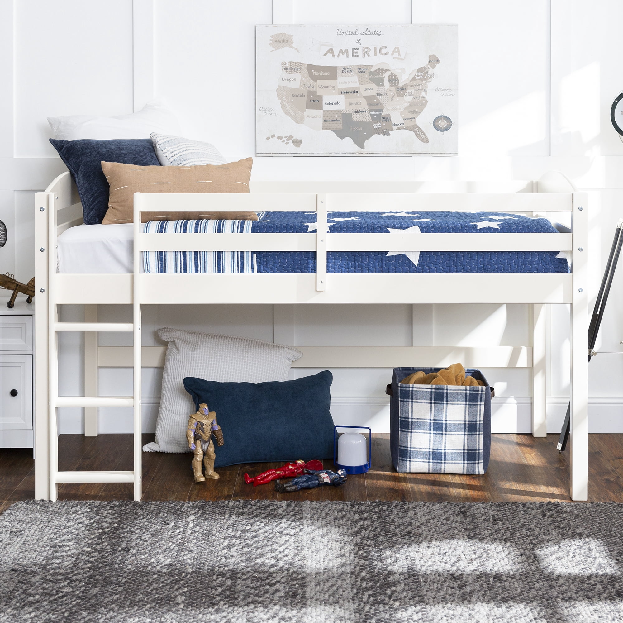 Walker Edison Solid Wood Junior Twin Low Loft Bed, White