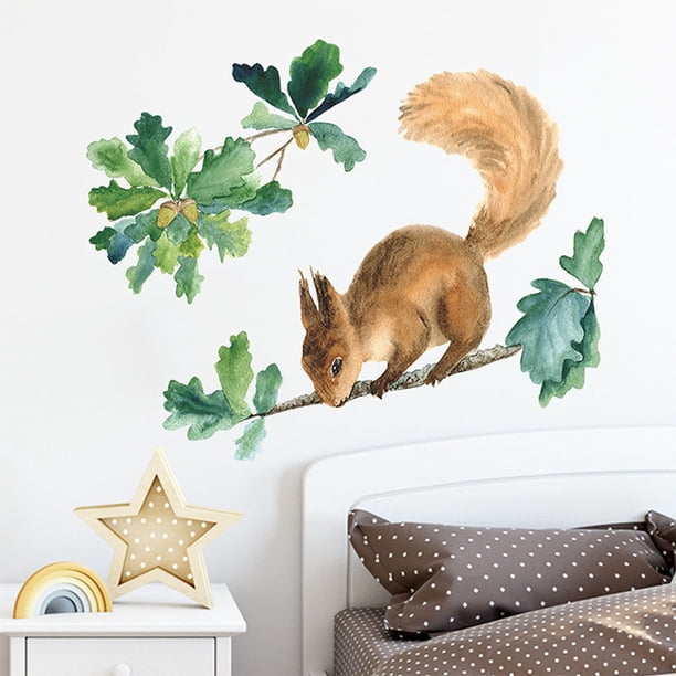 Adhesivos de pared de PVC con bonitos dibujos animados de ardilla con hojas de roble