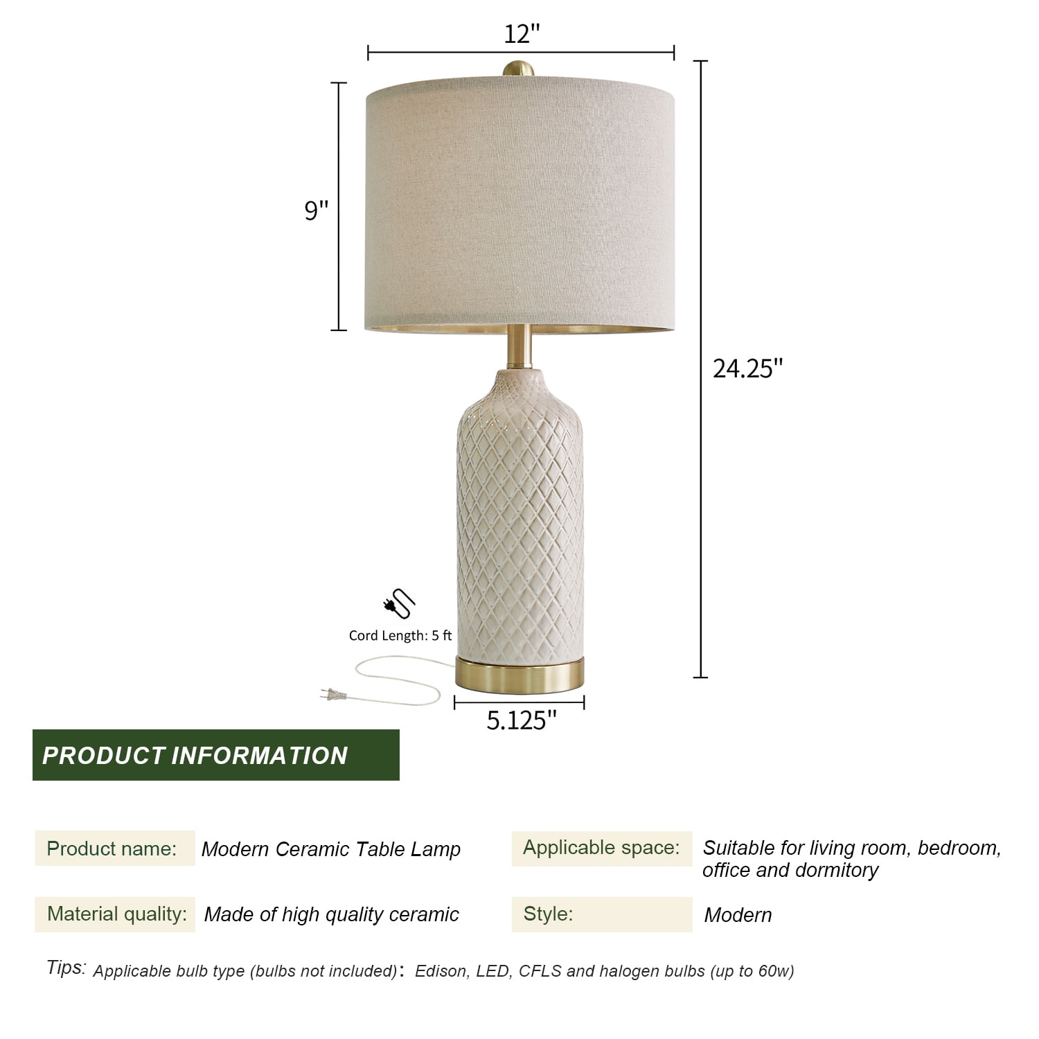 Oneach Ceramic Table Lamps Set of 2 for Living Room Bedroom 24.25" Modern Bedside Nightstand Lamps with Lamp Shades