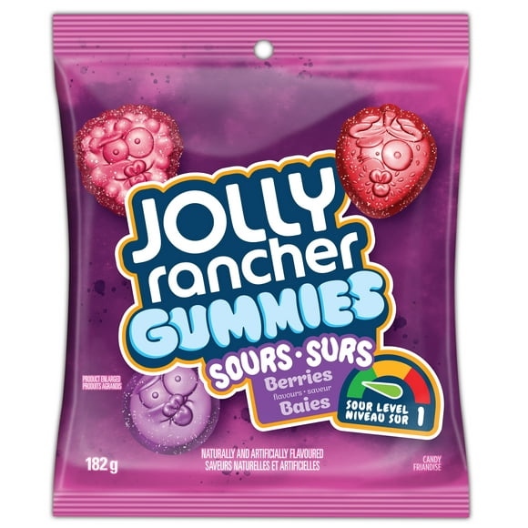 JOLLY RANCHER Gummies Sours Berries Flavours, JOLLY RANCHER GUMMIES Sours are a new line up of gummy candies available in three different mouth-puckering sour levels, in your favourite Jolly Rancher character shapes! Enjoy a burst of sour flavour in every bite with Berry flavours including Strawberry, Raspberry & Grape.