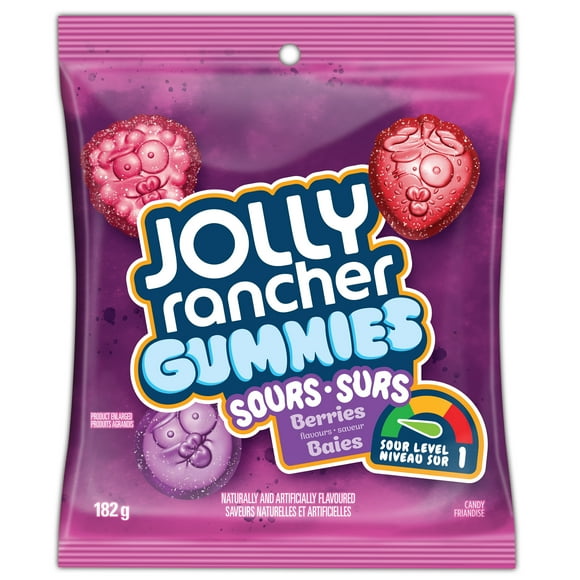 JOLLY RANCHER GUMMIES Surs à saveurs de baies Les bonbons JOLLY RANCHER GUMMIES Surs sont une nouvelle gamme de bonbons gommeux offerts dans trois niveaux de saveurs sures à vous faire grimacer de plaisir, en forme de vos personnages Jolly Rancher préférés!