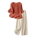 thumbnail image 4 of Summer Solid Color Embroidered V Neck Three Quarter Sleeve Top and Wide Leg Pants Two Piece Outfit for Women Beach Brick Red L, 4 of 4