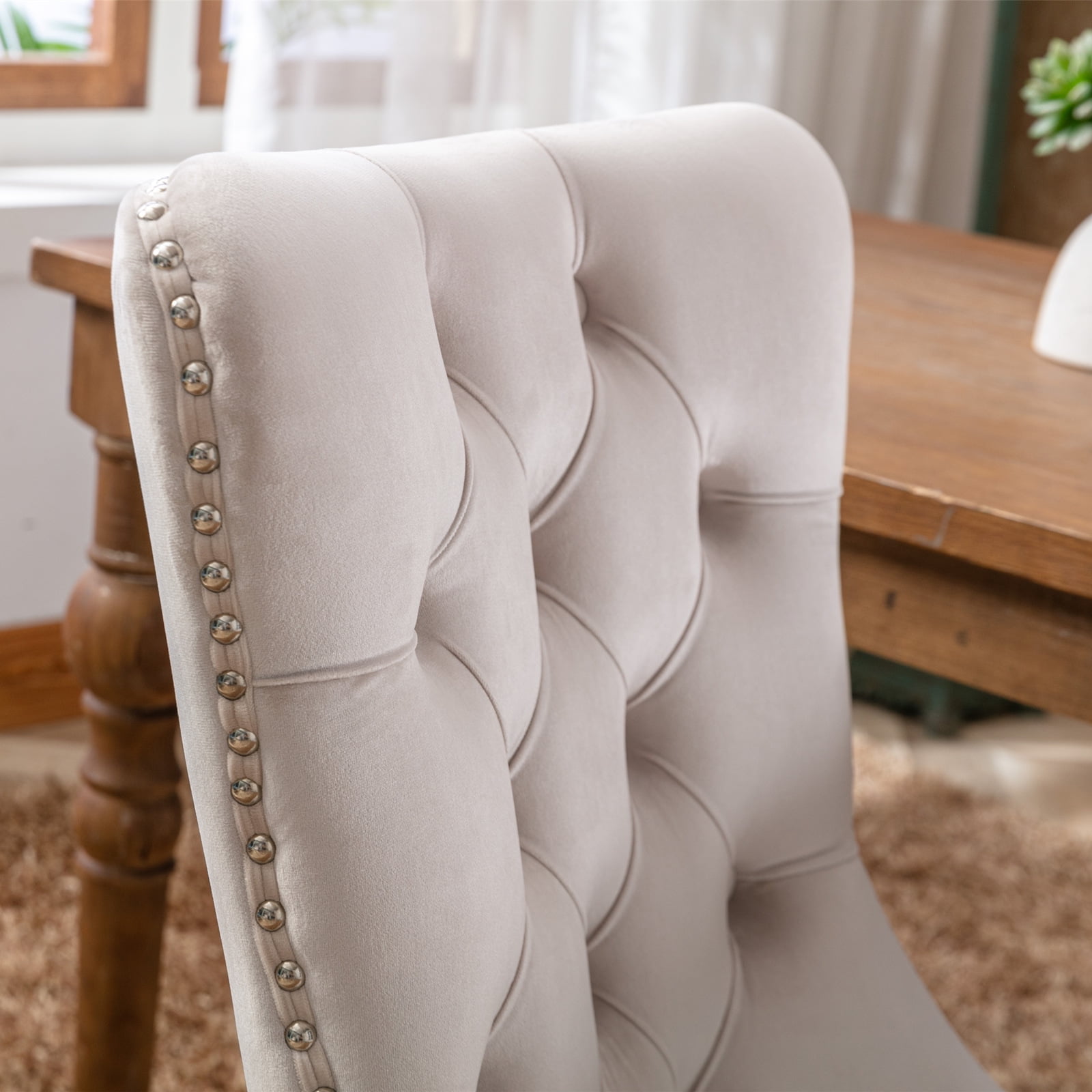 Furnieka Mid Century Modern Velvet Button Tufted Dining Side Chairs, Beige (Set of 6)