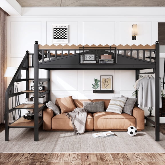 Twin XL Loft Bed with Storage Stairs, Metal Loft Bed Frame with Built-in Shelves and Bookshelf, Space-Saving Elevated Bed with Guardrails for Bedroom, Guest Room,Dorm, Mattress Not Included, Black