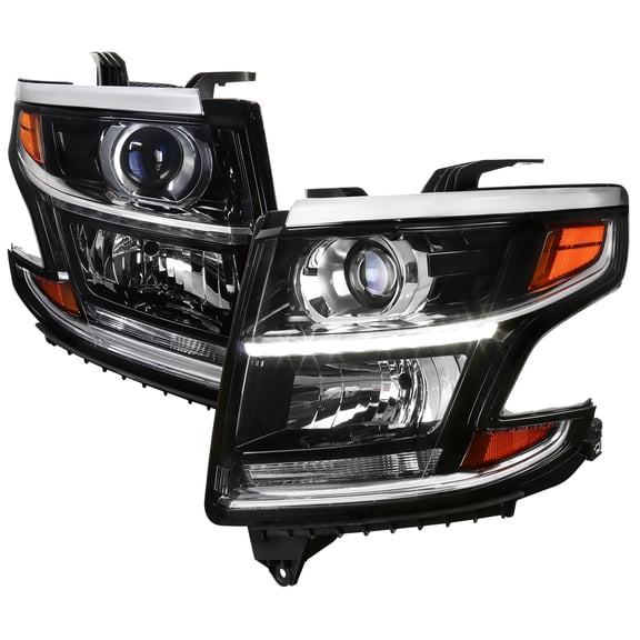 Projector Headlights w/ LED Light Strip (Black Housing/Clear Lens) Made for and Compatible with 2015-2020 Chevrolet Tahoe Suburban/ 2016-2019 Suburban 3500HD