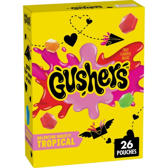 Gushers Tropical Fruit Flavored Snacks, Valentine Variety, 26 Mini Pouches, 11.44 oz