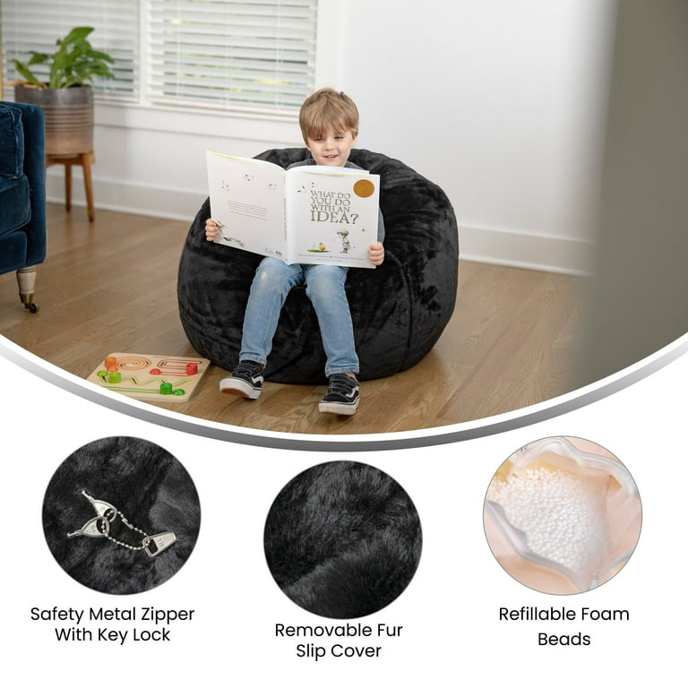 Emma + Oliver Small Black Furry Refillable Bean Bag Chair for Kids