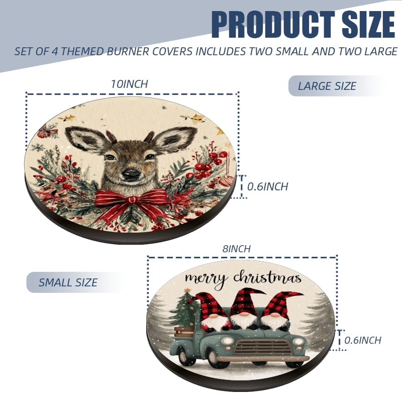 Christmas Metal Electric Stove Burner Cover, Christmas Theme Gnome Snowman Deer Round Durable Gas Stove Burner Covers Set of 4 for Kitchen Decor Xmas Decorations, 8 Inches and 10 Inches