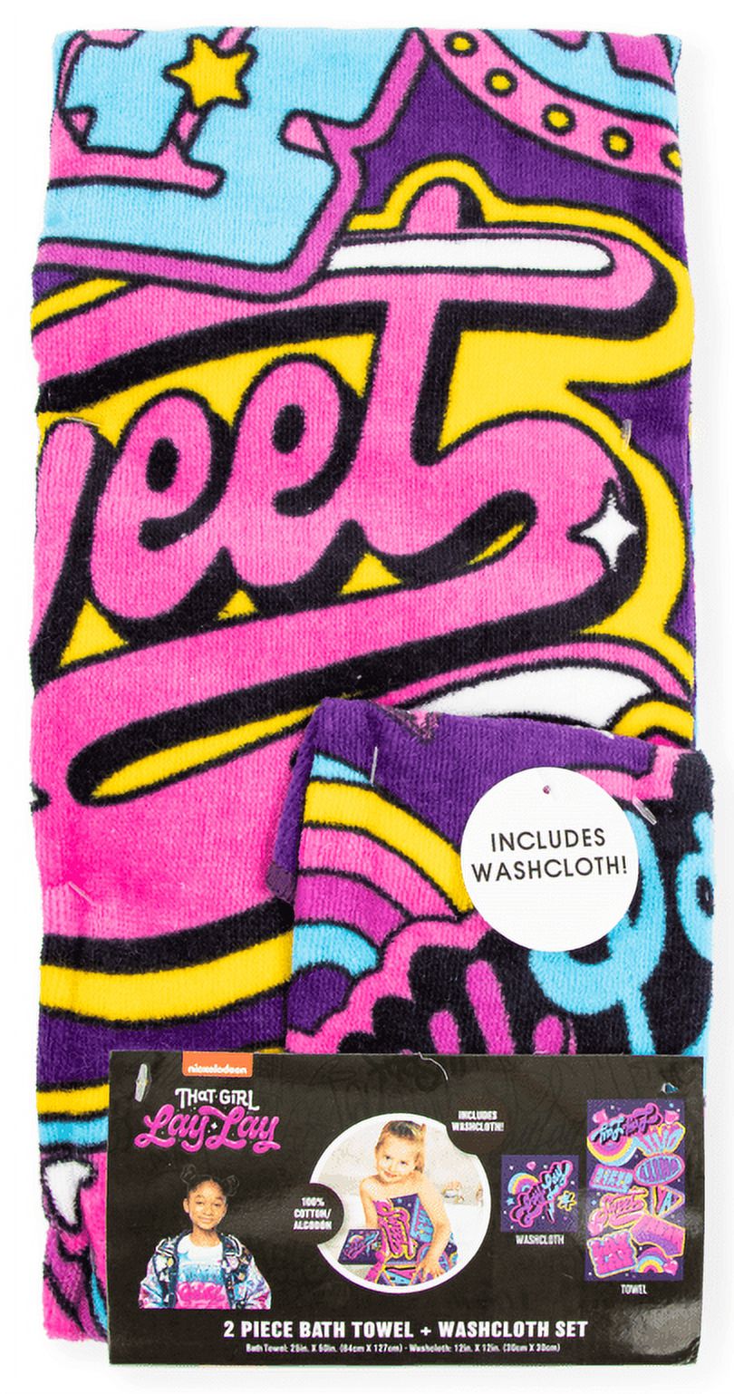 Lay Lay Kids 2-Piece Bath Towel and Wash Cloth Set, Cotton, Purple, Nickelodeon