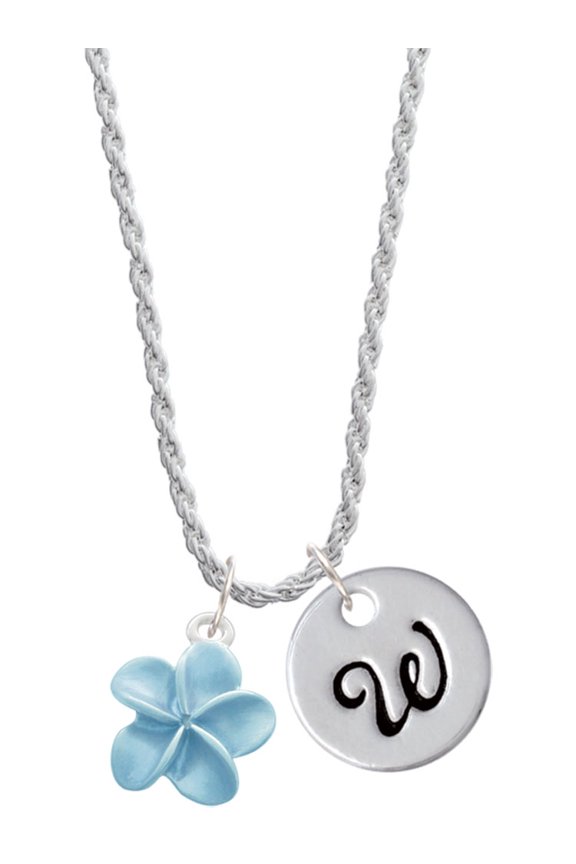 Silvertone Blue Plumeria Flower Silvertone Script Initial Disc - W - Charm Necklace, 20"+3"